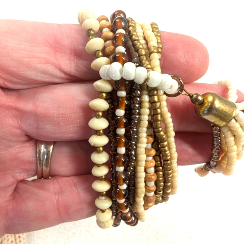 Boho"Bundle",X3 Cream and Coral Floral Tote Bag wth Fringe Earrings/Bead Bracele - Picture 7 of 9